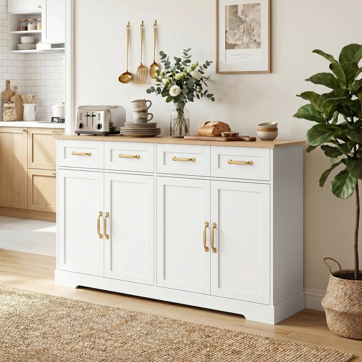 Sideboard Buffet Cabinet with Four Drawers and Adjustable Shelves