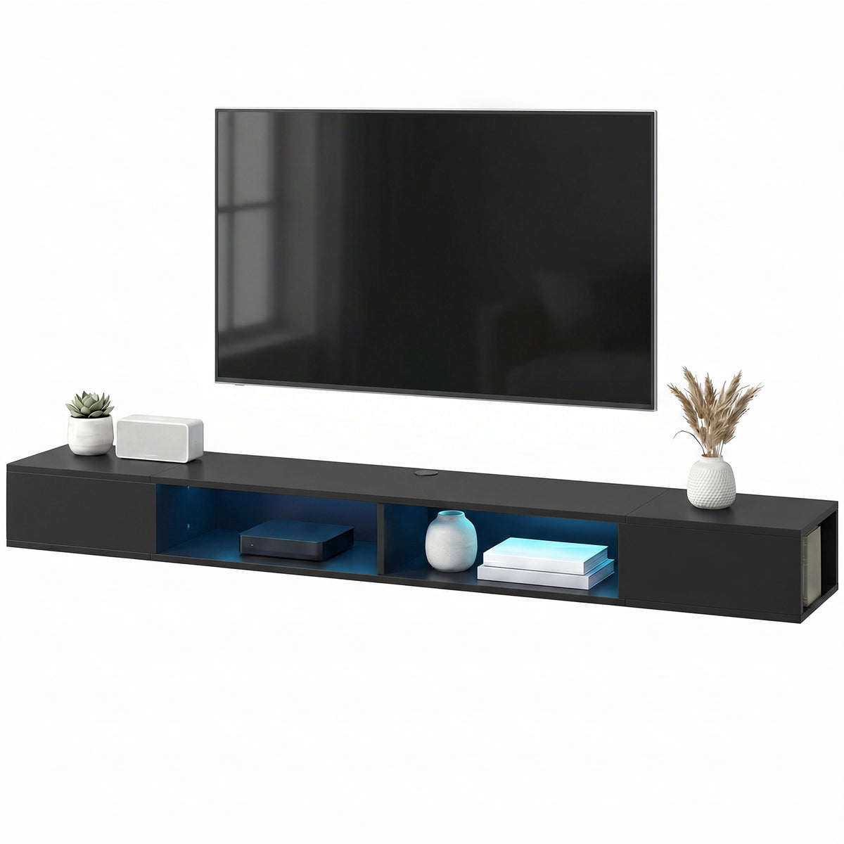 Black Floating Wall-Mounted TV Stand with RGB LED Lights