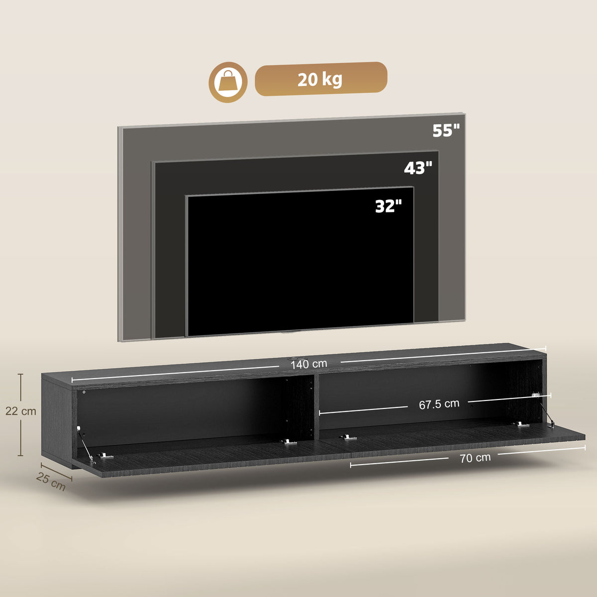 Black Fluted 140cm Floating TV Stand with Flip Cabinets