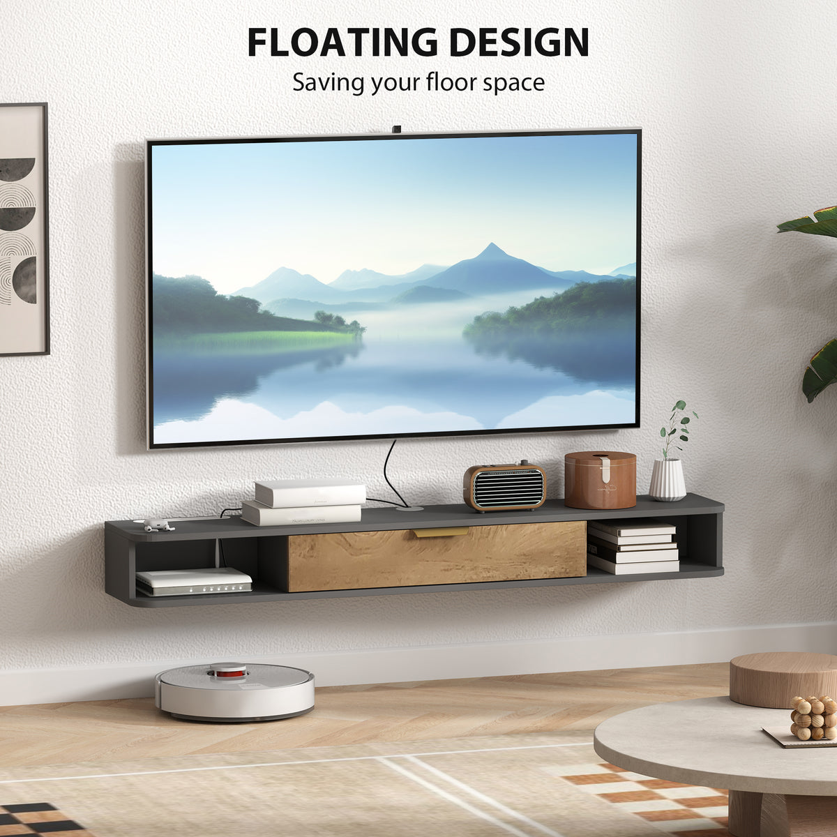 Charcoal Grey Floating TV Cabinet with Cable Management