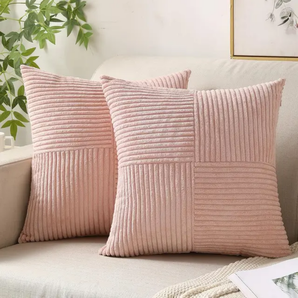 Corduroy Striped Throw Pillow Covers with Cross-Stitch Detail