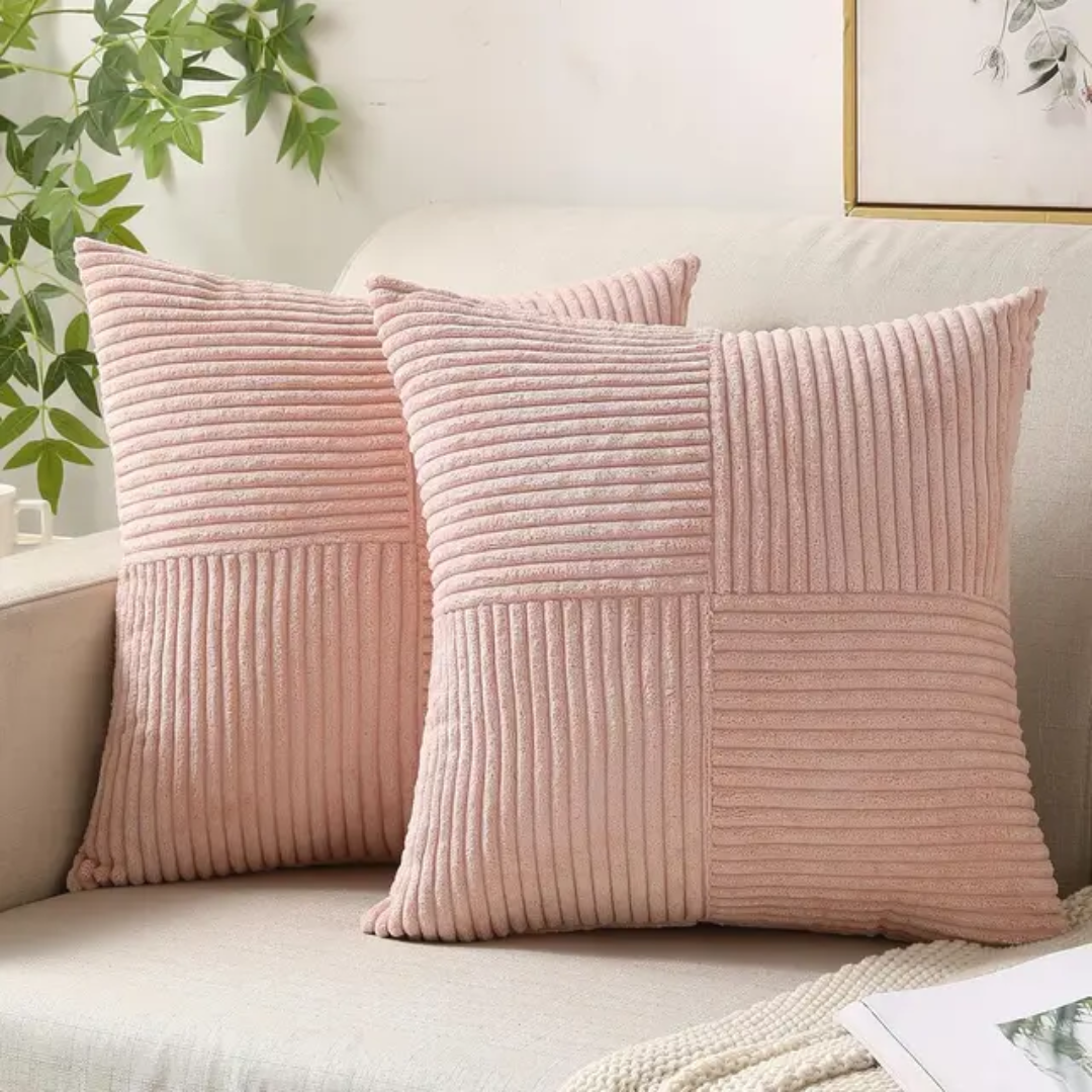 Corduroy Striped Throw Pillow Covers with Cross-Stitch Detail