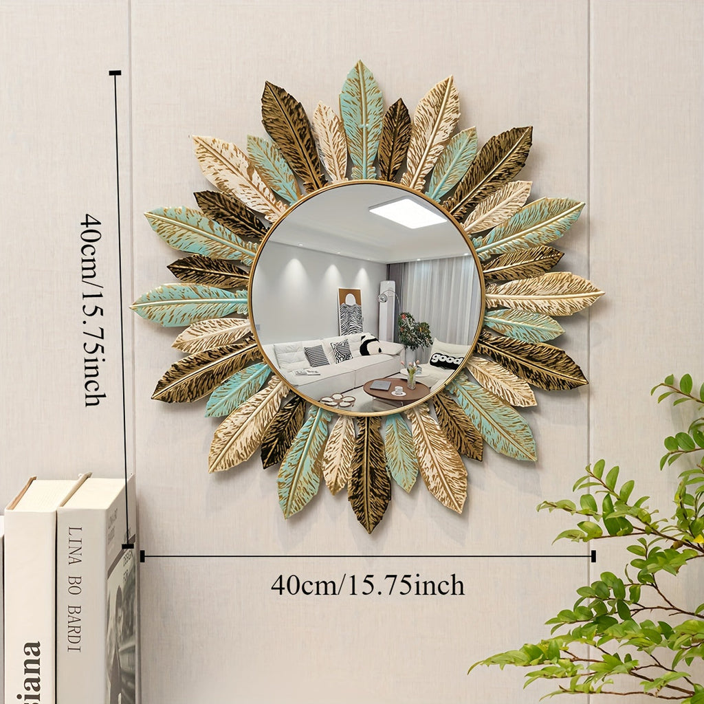 Bohemian Sunburst Metal Wall Mirror with Teal and Gold Leaf Design