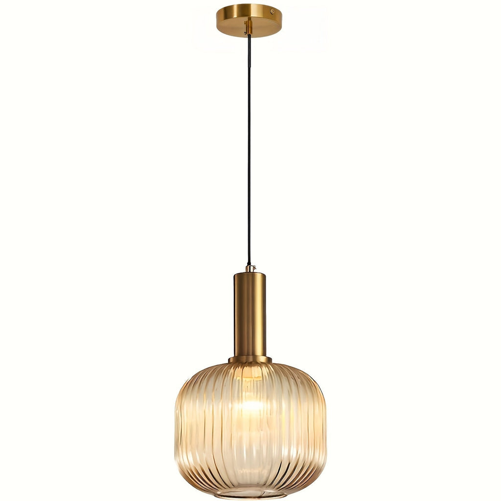 Modern Ribbed Glass Pendant Light with Brass Finish