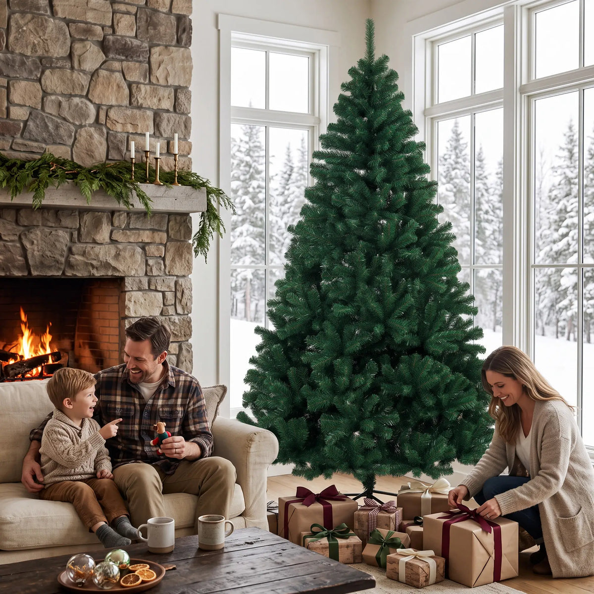 7ft Hinged Fir Christmas Tree with Foldable Steel Stand Green