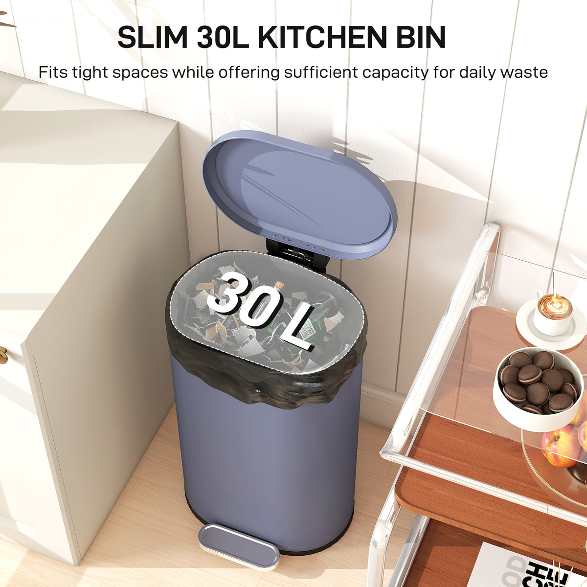 Slim Curved Pedal Kitchen Bin with Soft-Close Lid - Grey