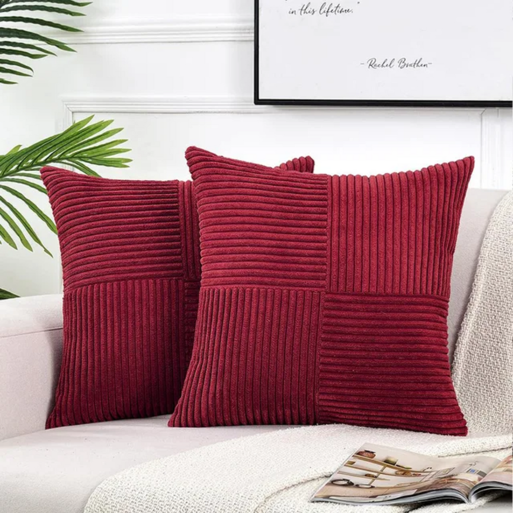 Corduroy Striped Throw Pillow Covers with Cross-Stitch Detail