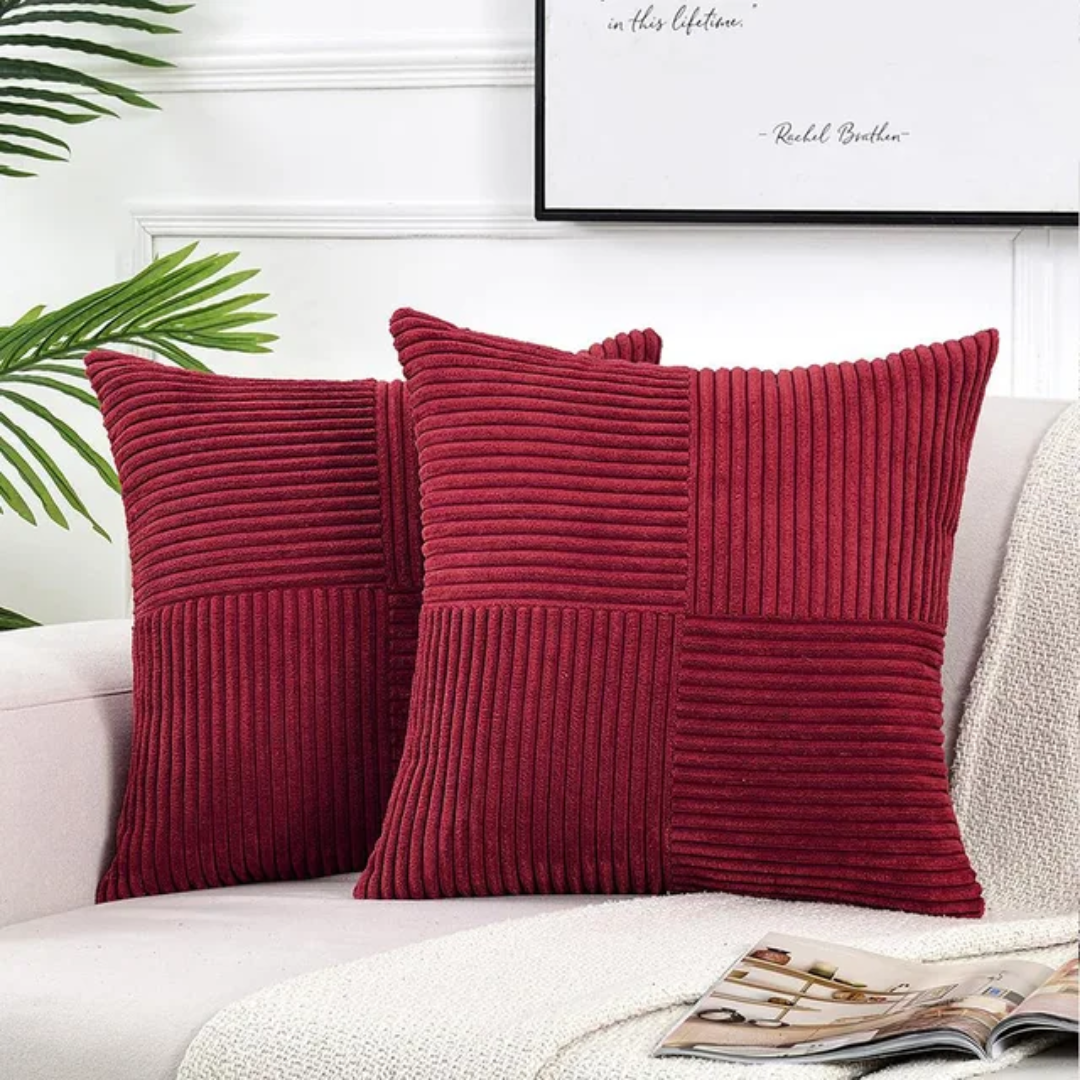 Corduroy Striped Throw Pillow Covers with Cross-Stitch Detail