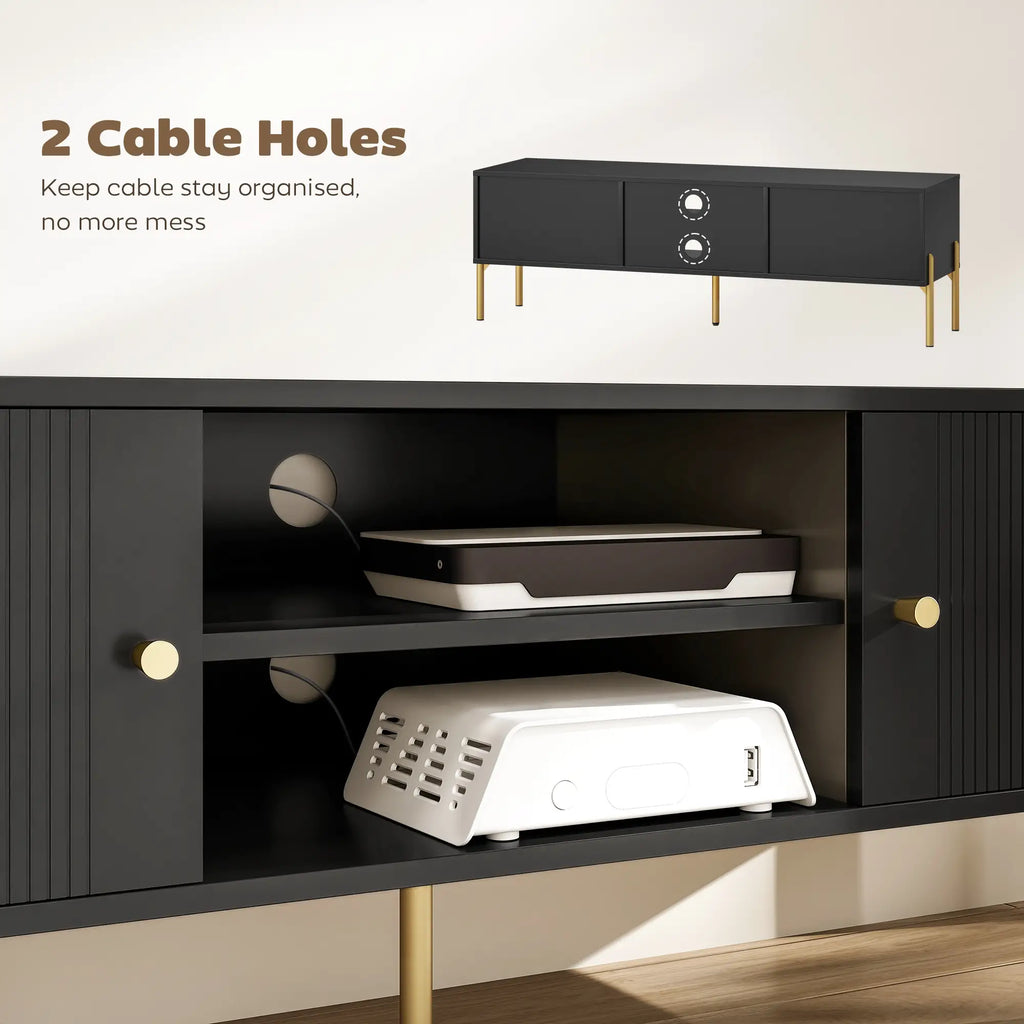 Black Fluted TV Stand with Gold Legs and 2 Cabinets