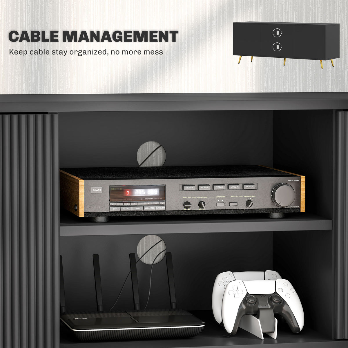 Black Beadboard TV Stand with 2 Cabinets and Open Shelves
