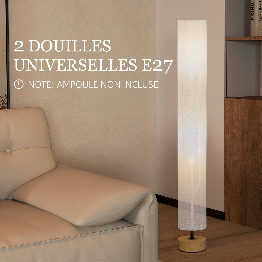 Modern Grey Standing Floor Lamp with Linen Shade and Wooden Base