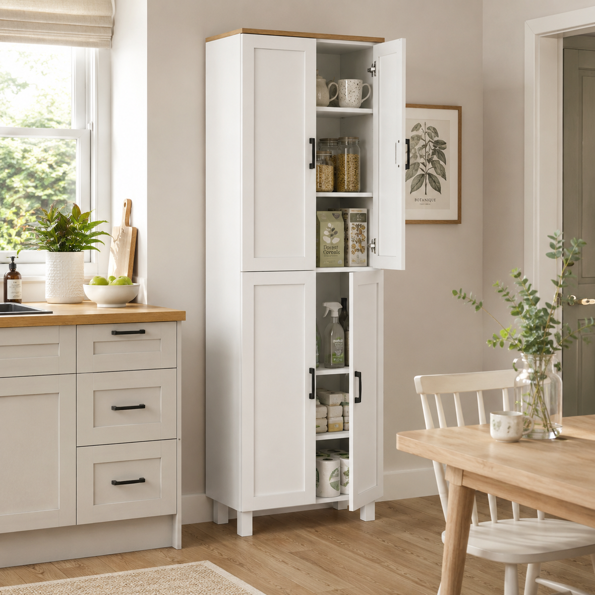 Slim Tall Storage Cupboard with Six-Tier Adjustable Shelving - White