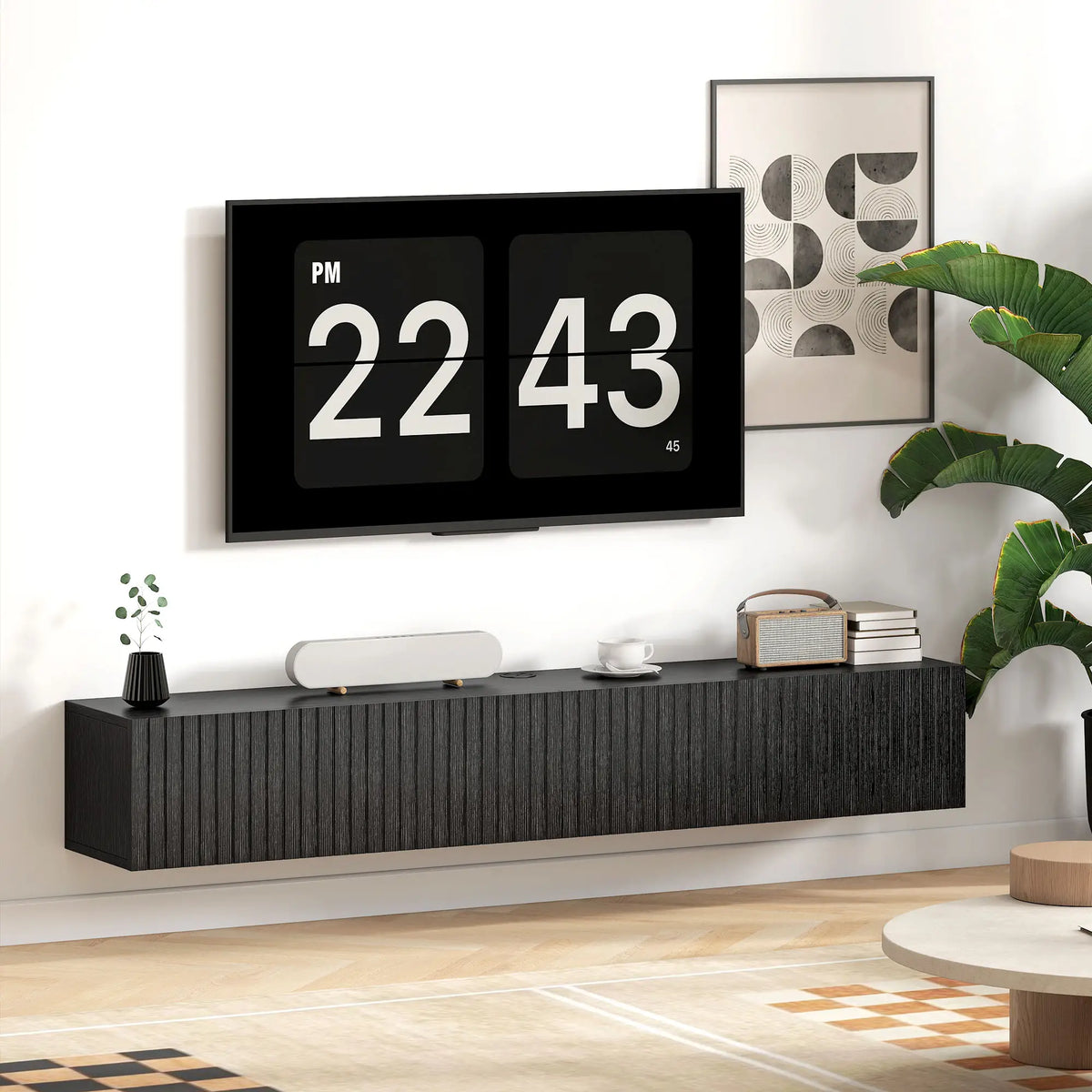 Black Fluted 140cm Floating TV Stand with Flip Cabinets