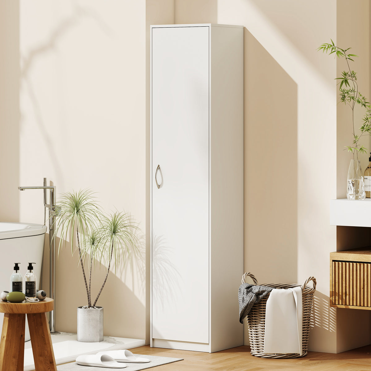 Slim Five-Tier Pantry Storage Cabinet with Soft-Close Hinges White