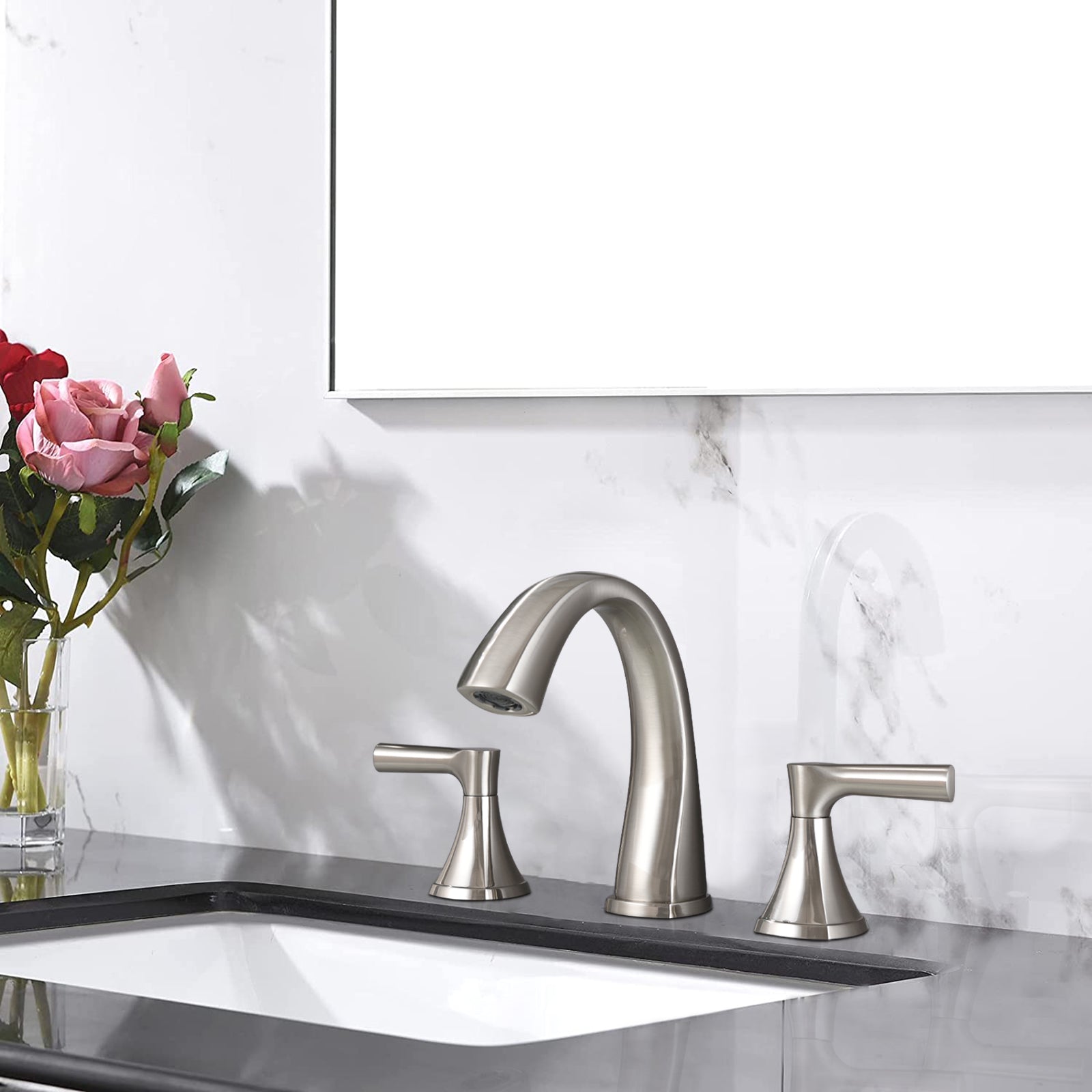 Brushed Nickel Widespread Bathroom Sink Faucet with Drain Assembly Modern Bathroom Decor