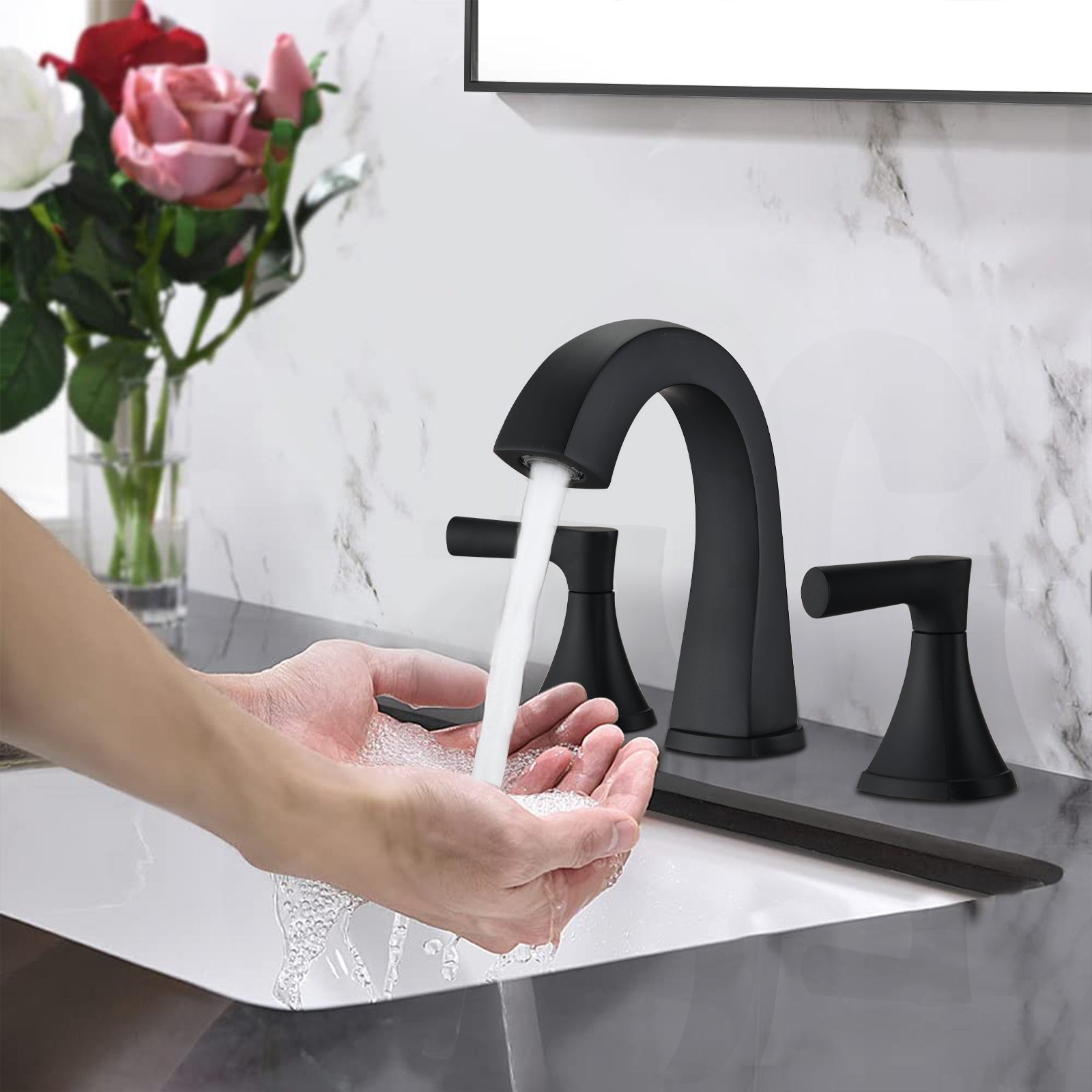 Matte Black Widespread Bathroom Sink Faucet with Drain Assembly Modern Bathroom Decor