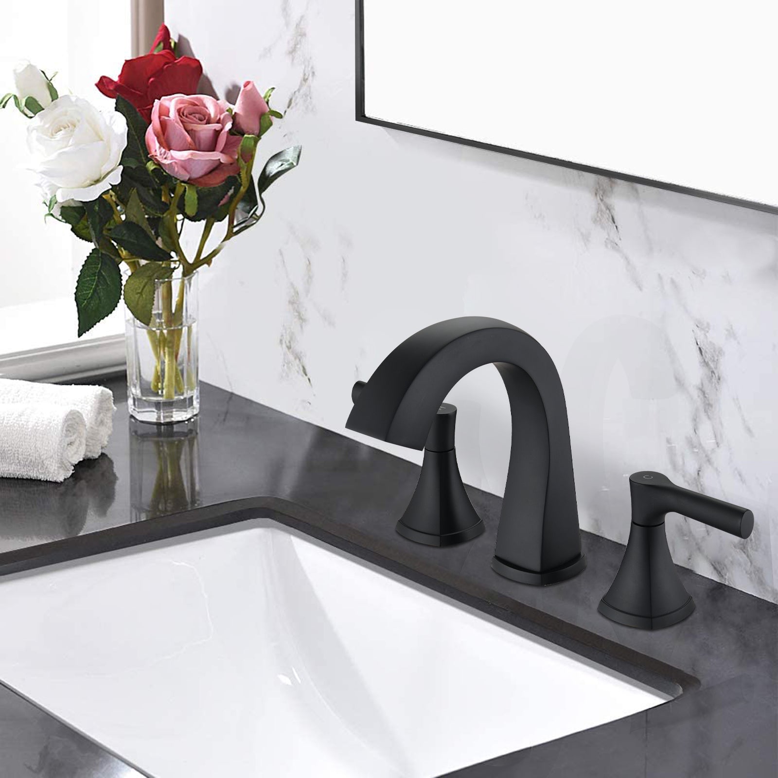Matte Black Widespread Bathroom Sink Faucet with Drain Assembly Modern Bathroom Decor