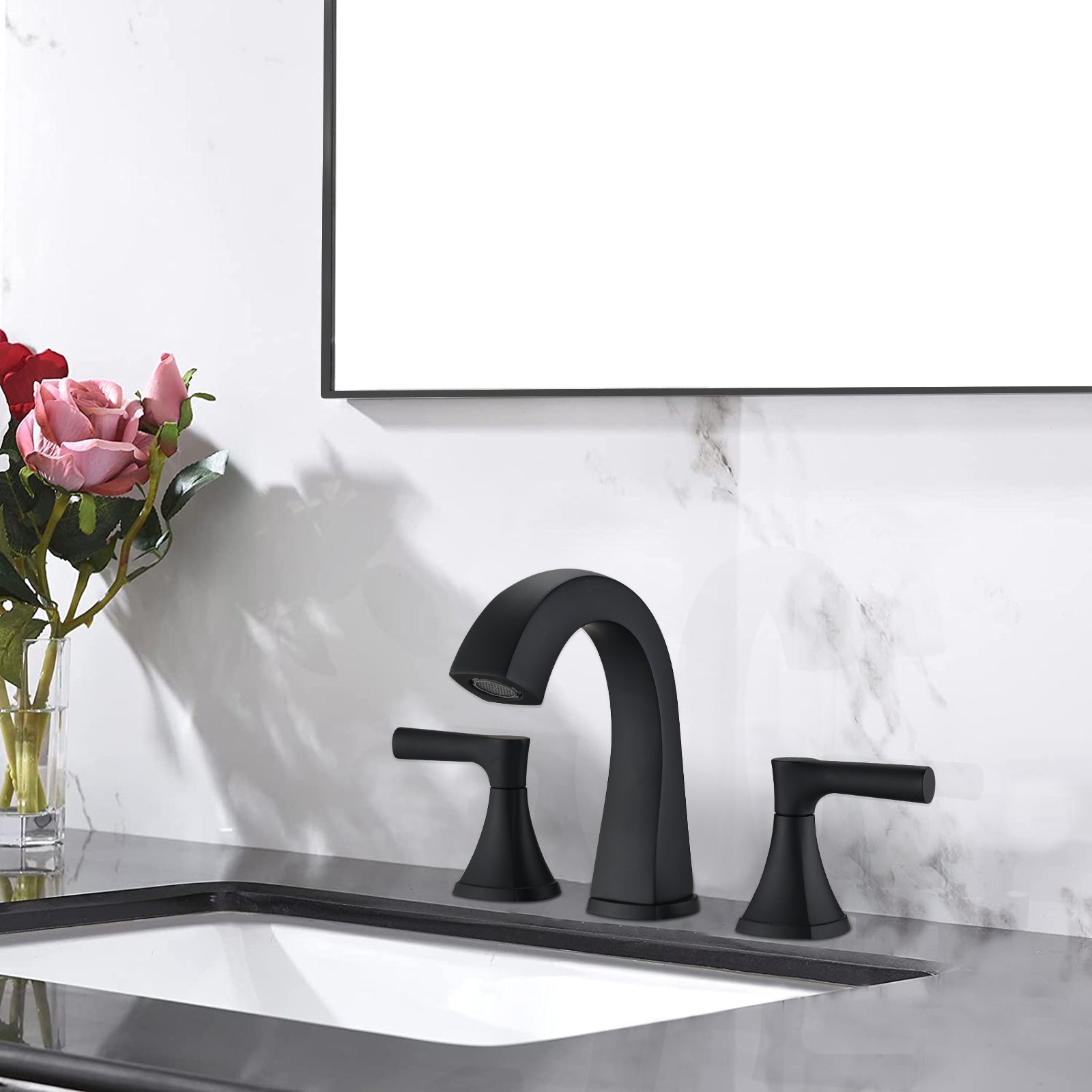 Matte Black Widespread Bathroom Sink Faucet with Drain Assembly Modern Bathroom Decor