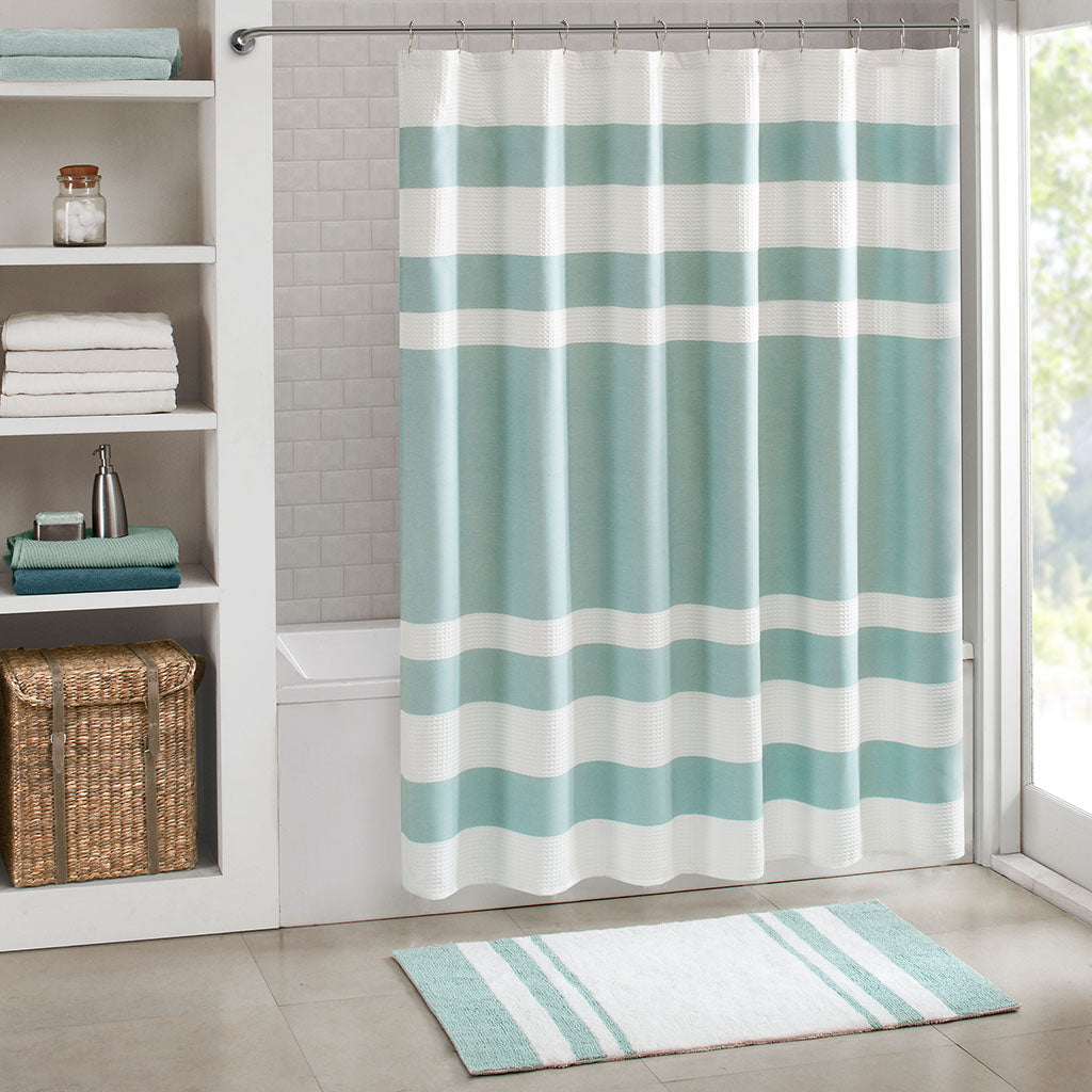 Aqua Polyester Shower Stripe Curtain