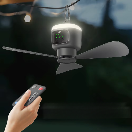 Rechargeable Camping Ceiling Fan with LED Light for Outdoor Garden and Patio Use 12000mAh