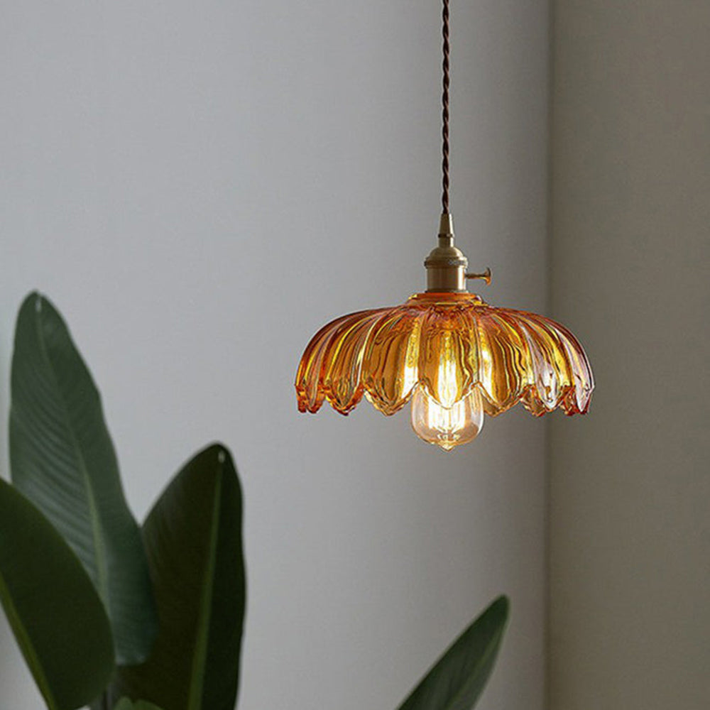 Vintage Flower Pendant Lamp with Coloured Glass Shade