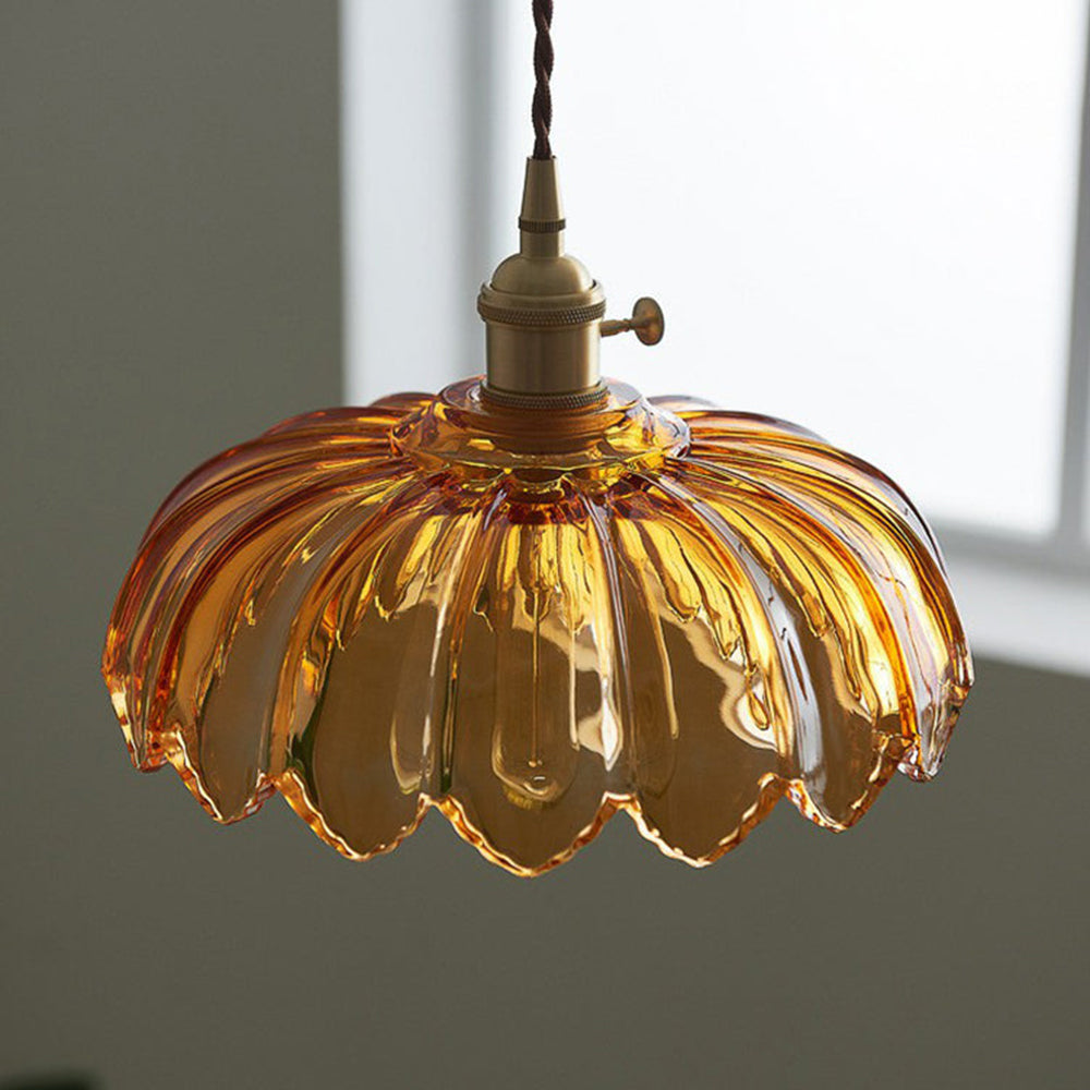 Vintage Flower Pendant Lamp with Coloured Glass Shade