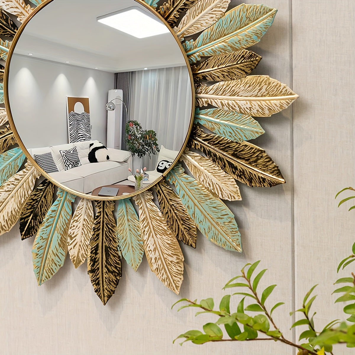 Bohemian Sunburst Metal Wall Mirror with Teal and Gold Leaf Design