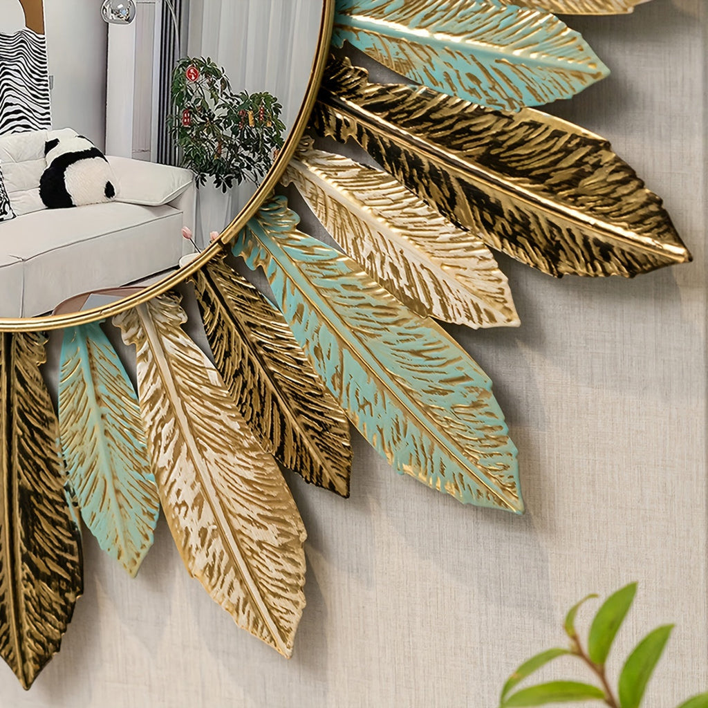 Bohemian Sunburst Metal Wall Mirror with Teal and Gold Leaf Design