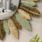 Bohemian Sunburst Metal Wall Mirror with Teal and Gold Leaf Design