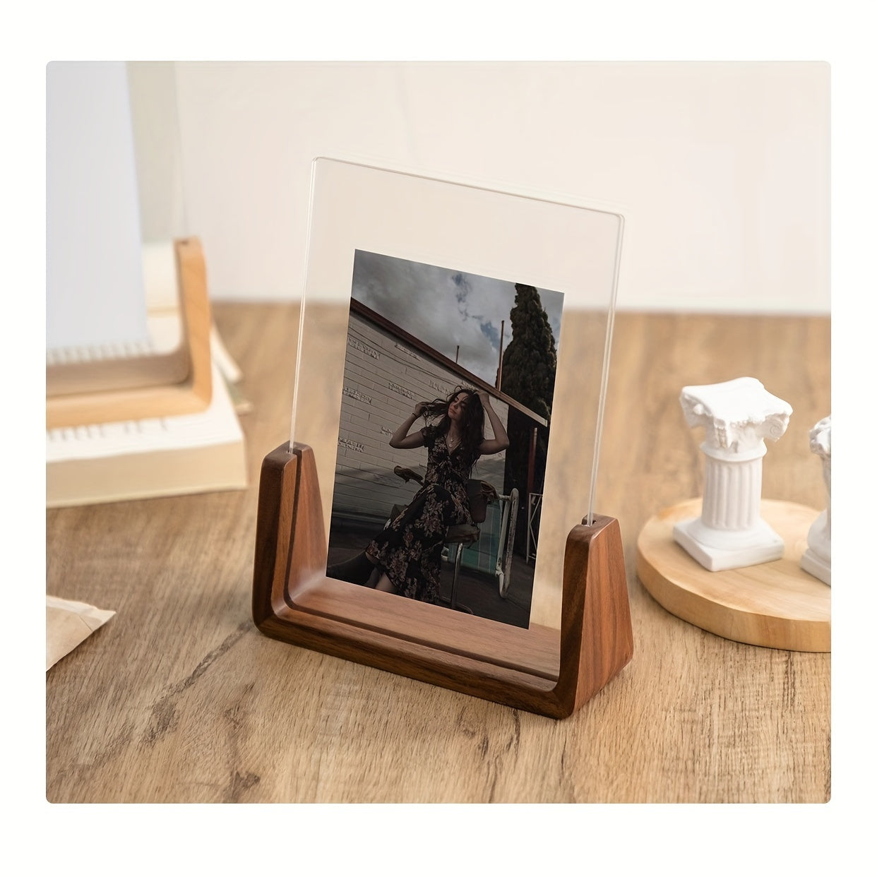 U-Shaped Acrylic and Wood Photo Frame for Minimalist Display
