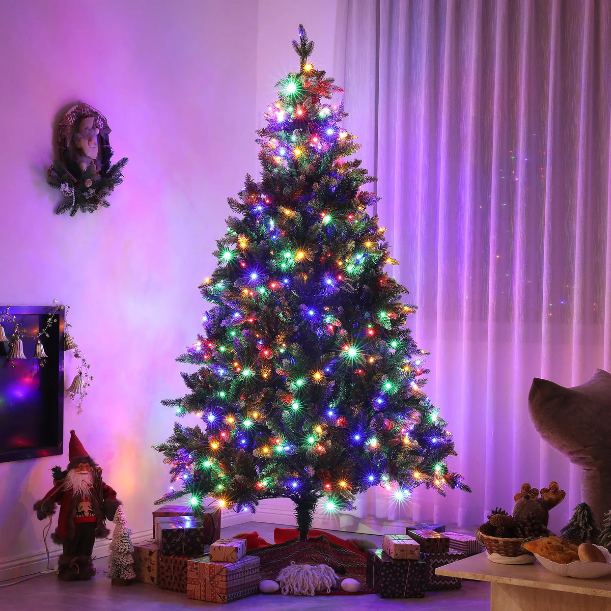 7ft Pre-Lit Artificial Christmas Tree with Dual Colour LED Lights Green