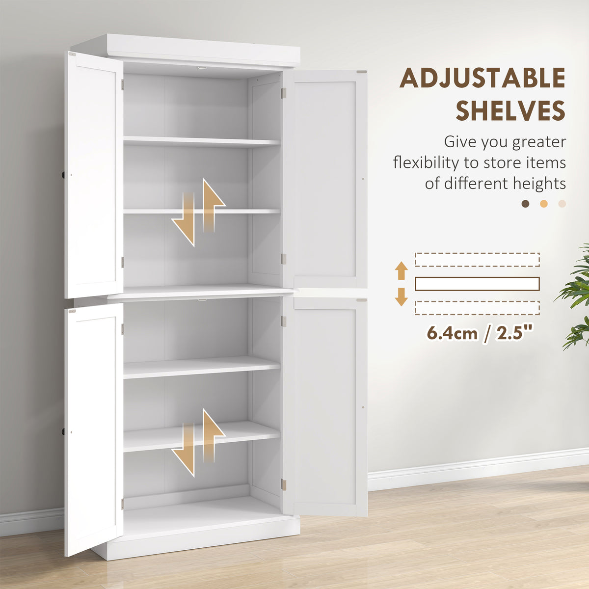 Freestanding Kitchen Cupboard with Six-Tier Adjustable Shelving and Anti-Tip Safety White