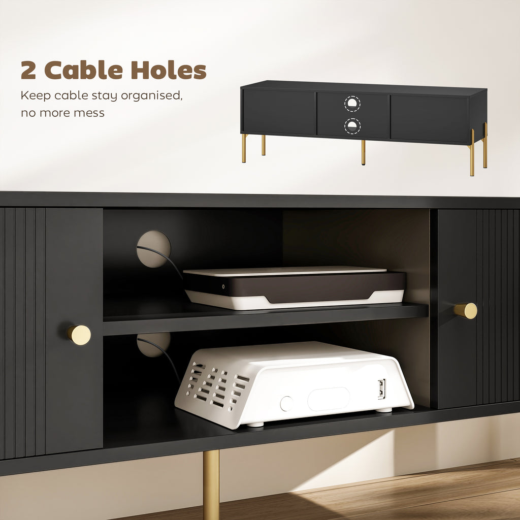 Black Fluted TV Stand with Gold Legs and 2 Cabinets