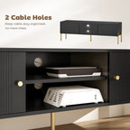 Black Fluted TV Stand with Gold Legs and 2 Cabinets