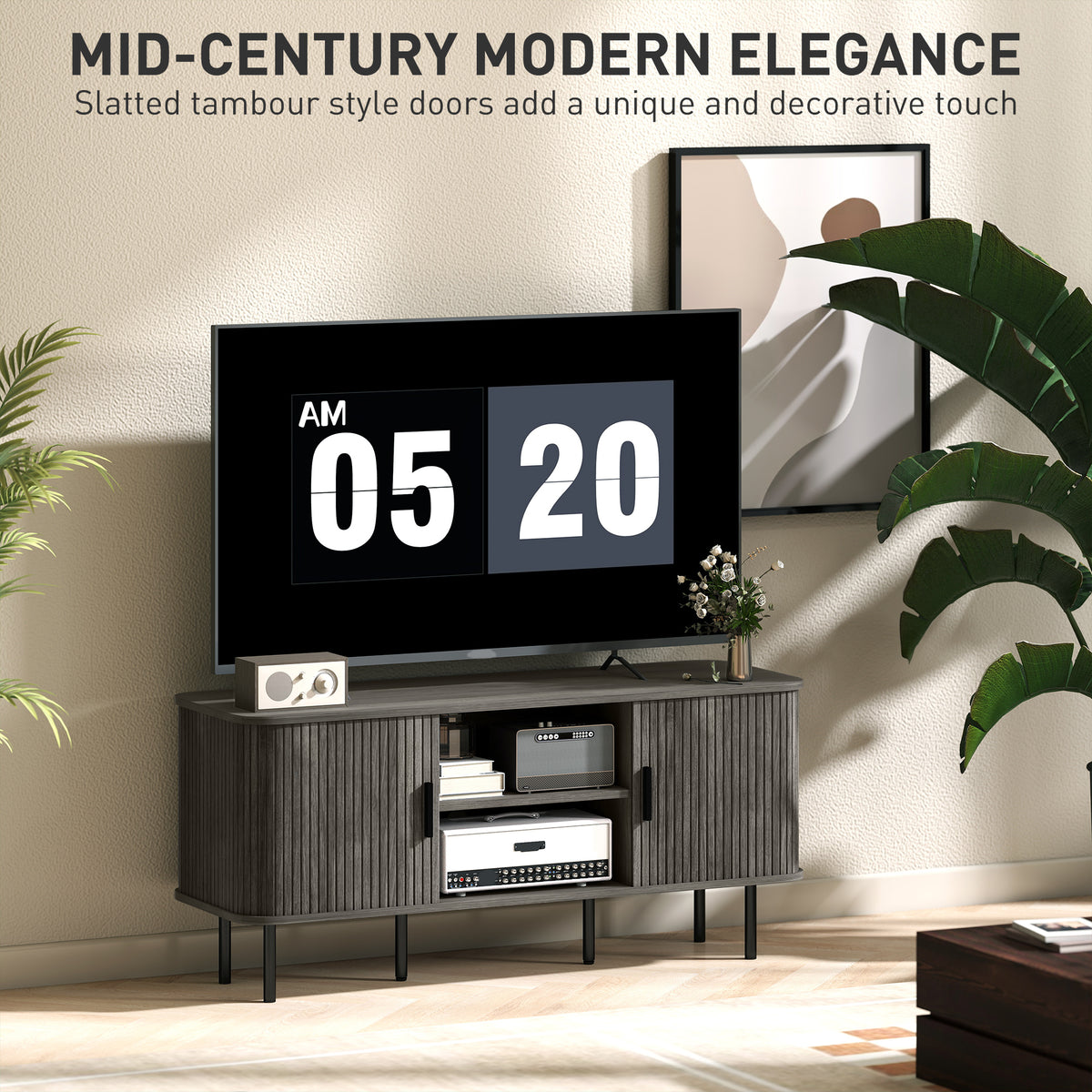 Grey TV Stand Cabinet with Slatted Tambour Doors
