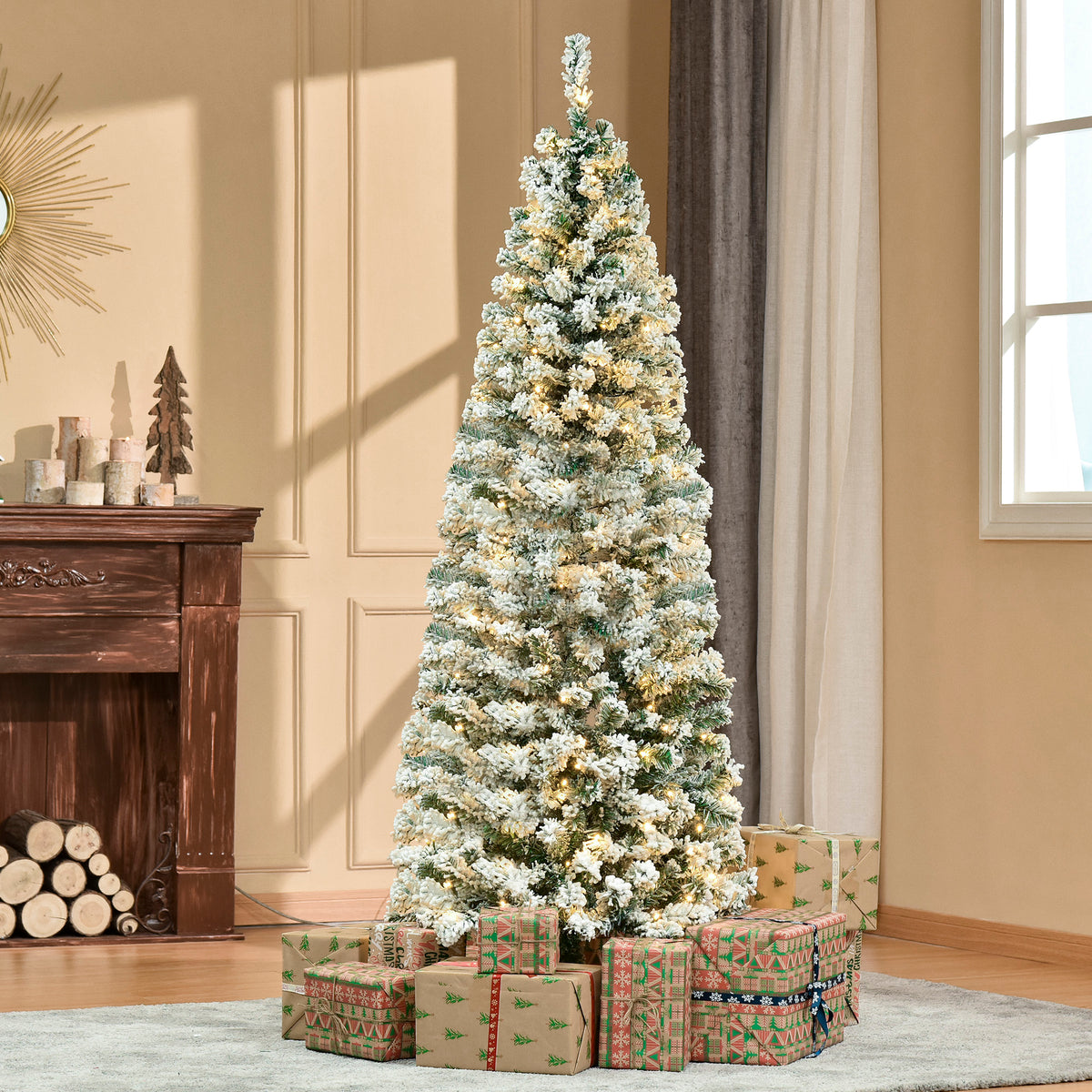 6ft Pre-Lit Snow Flocked Christmas Tree with Warm White LED Lights