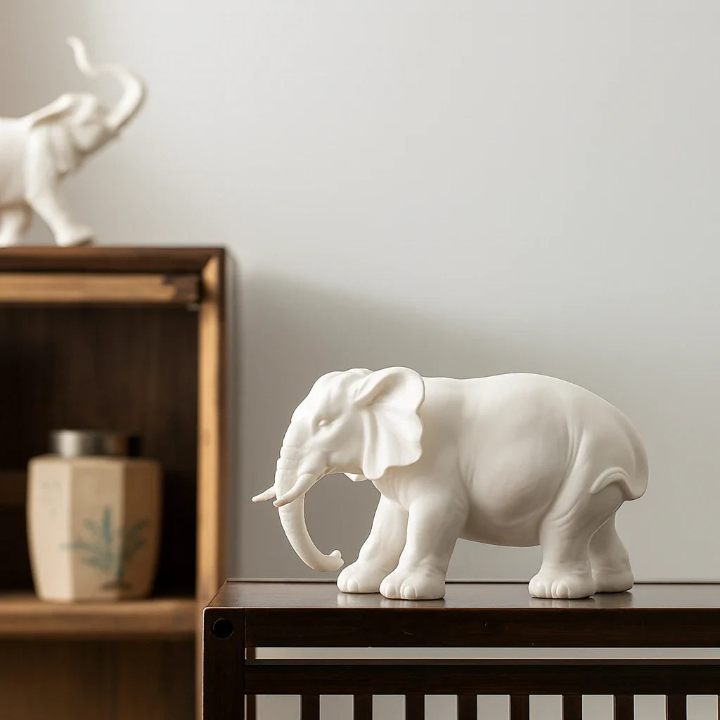 White Ceramic Elephant Sculpture for Good Luck & Modern Décor
