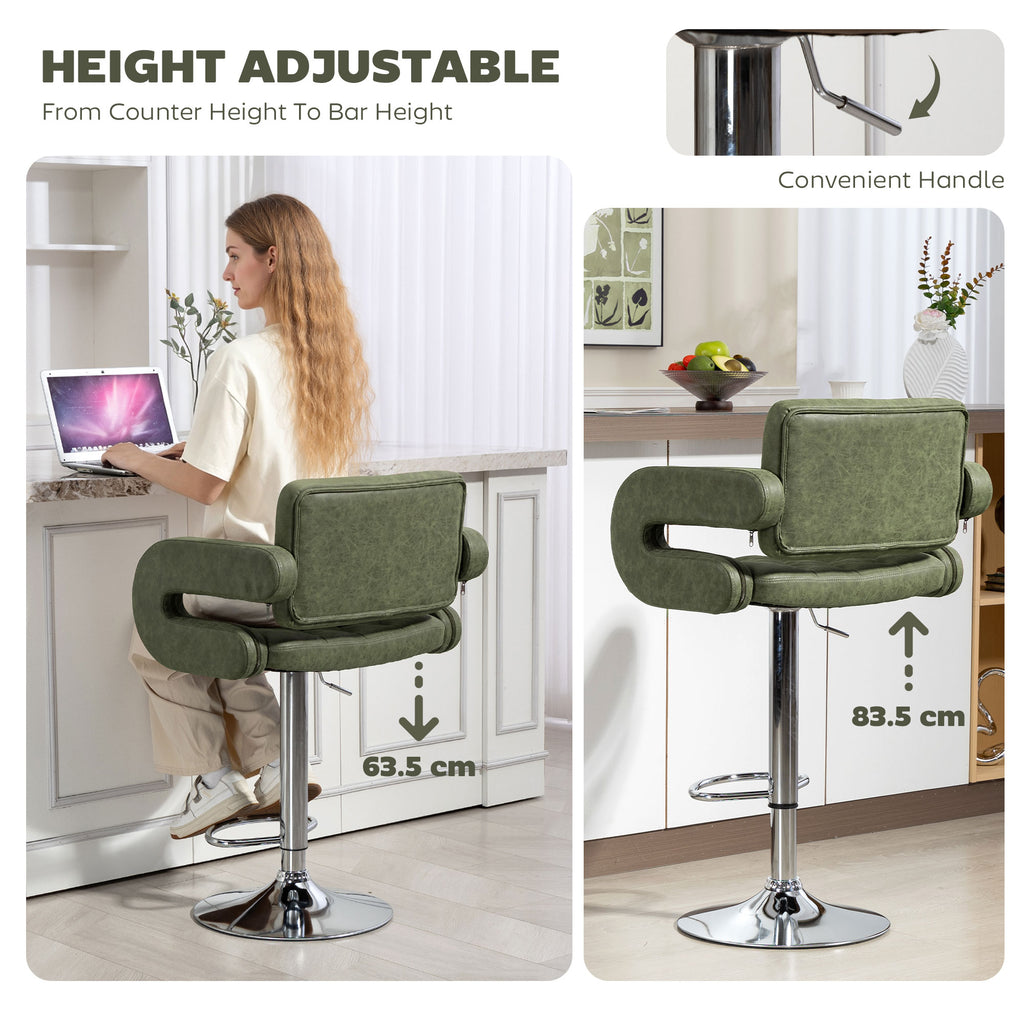 PU Leather Swivel Bar Stool with Backrest and Footrest - Green