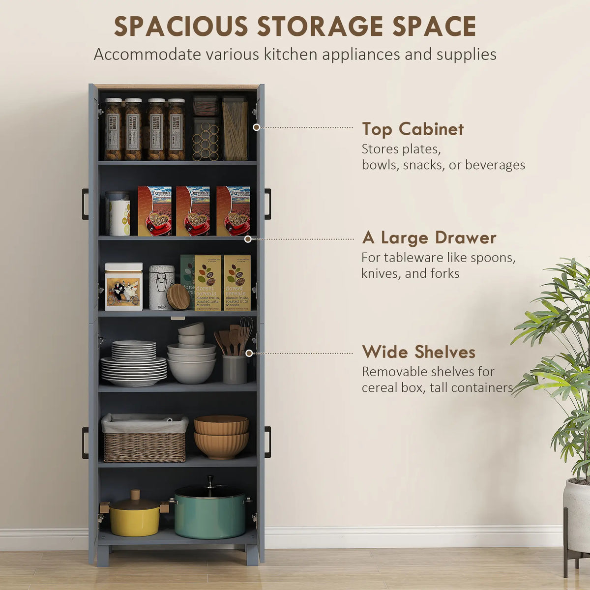 Slim Tall Storage Cupboard with Six-Tier Adjustable Shelving - Dark Grey
