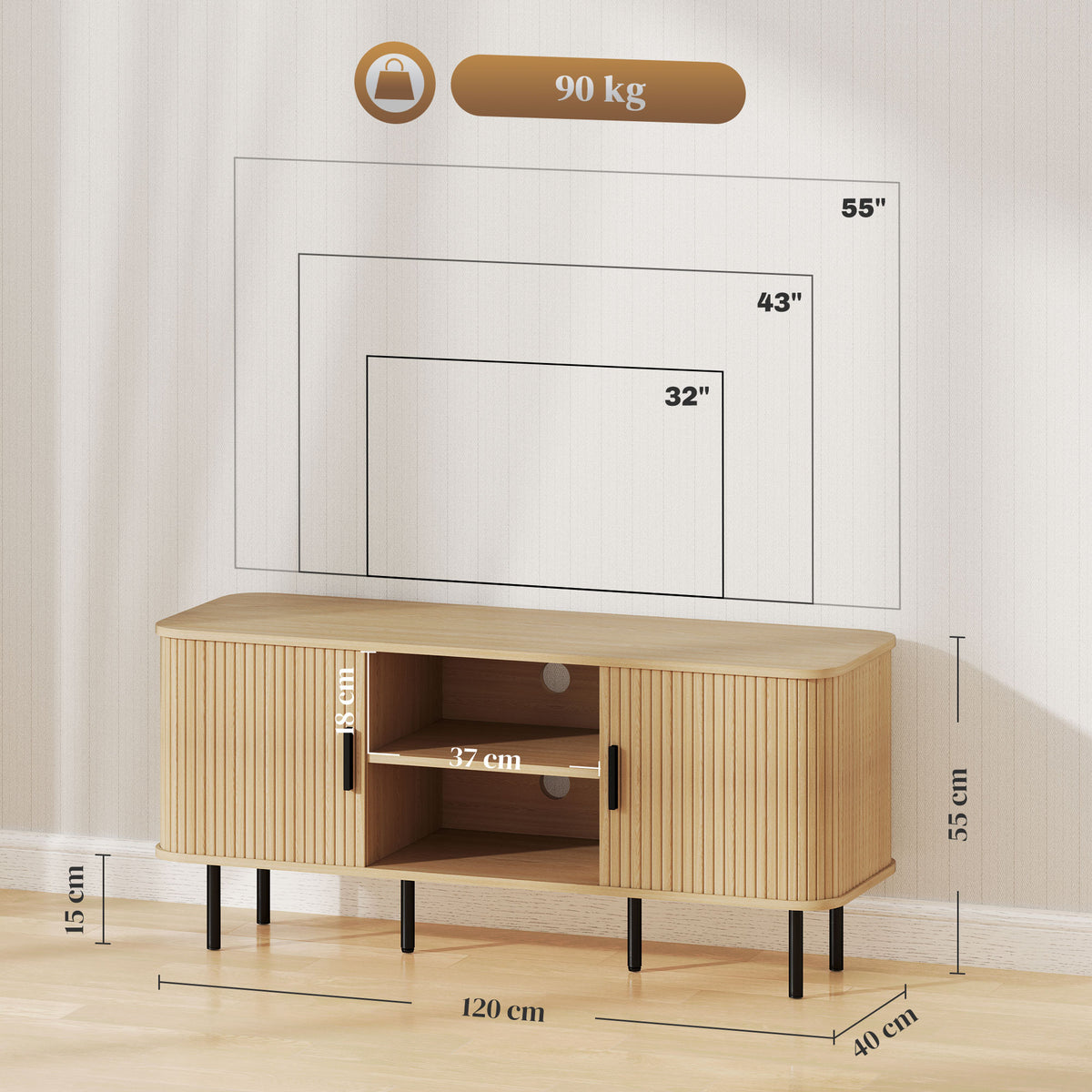TV Stand Cabinet with Slatted Tambour Doors - Oak
