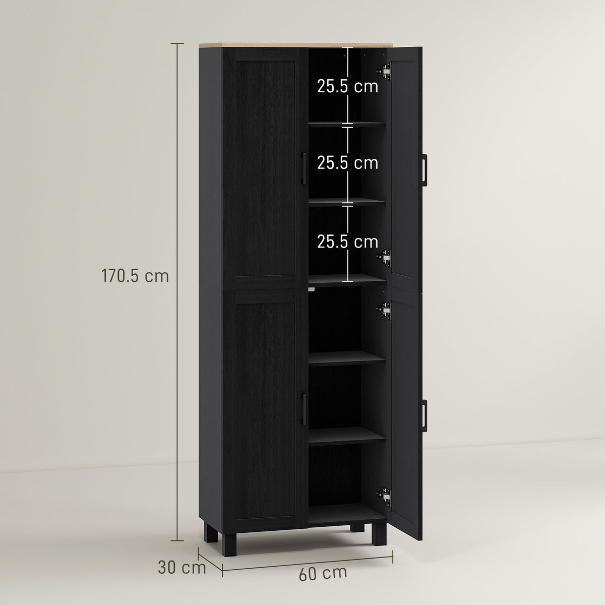 Slim Tall Storage Cupboard with Six-Tier Adjustable Shelving - Black