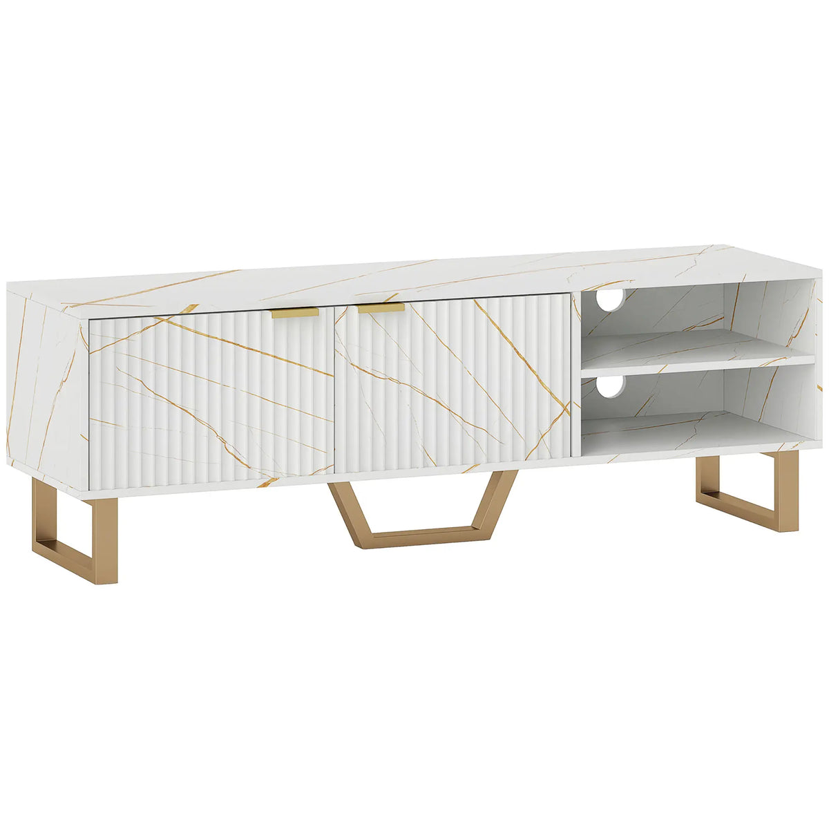 Marble Effect TV Unit with Fluted Cabinet Doors