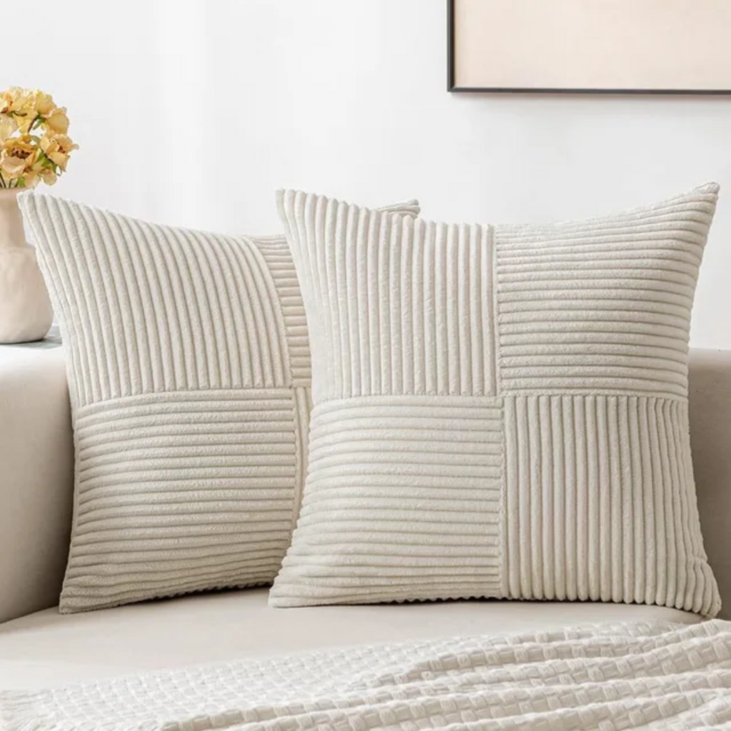 Corduroy Striped Throw Pillow Covers with Cross-Stitch Detail