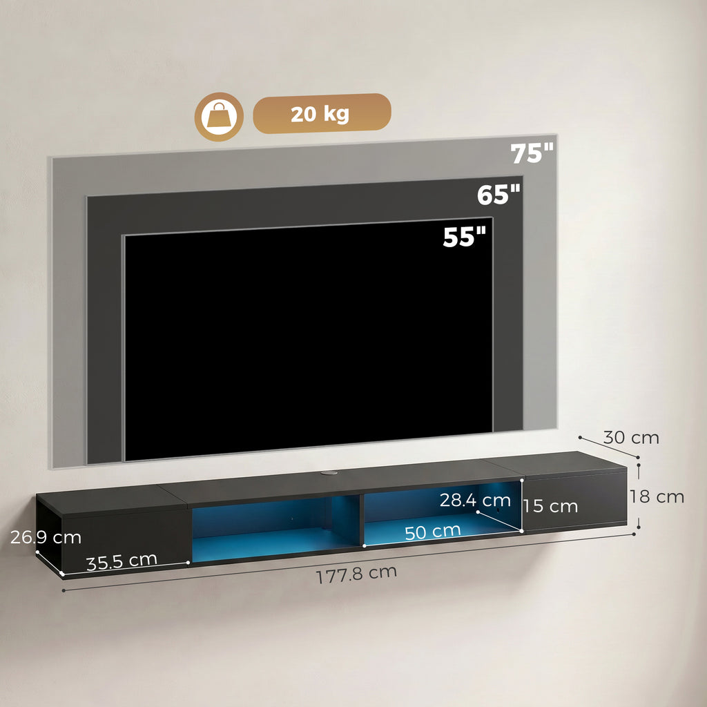 Black Floating Wall-Mounted TV Stand with RGB LED Lights