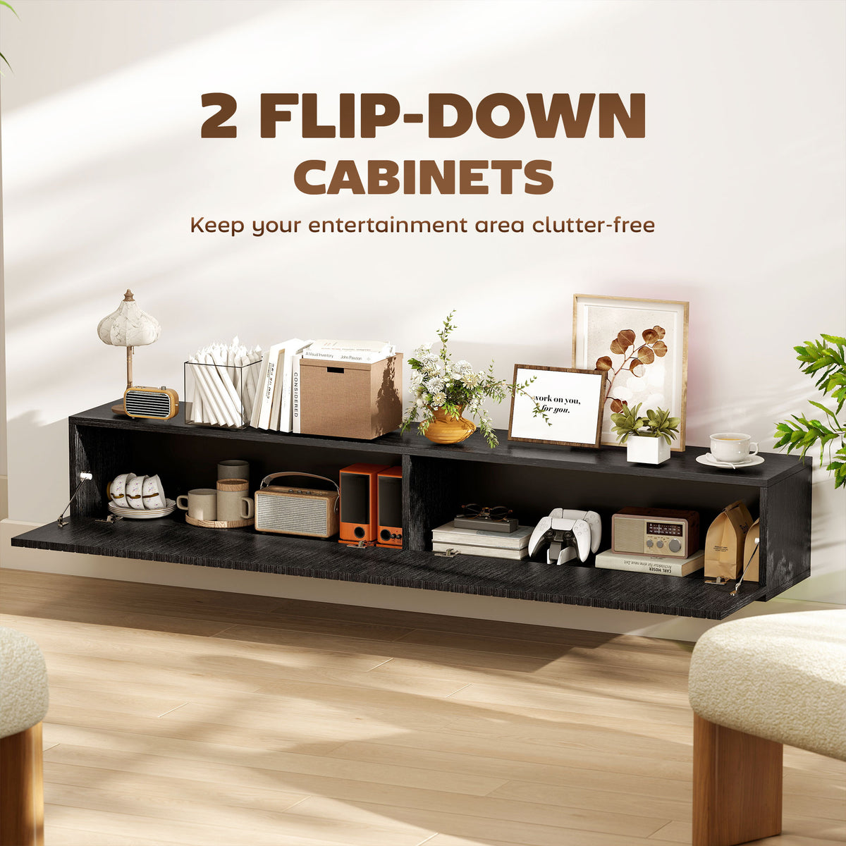 Black Fluted 140cm Floating TV Stand with Flip Cabinets