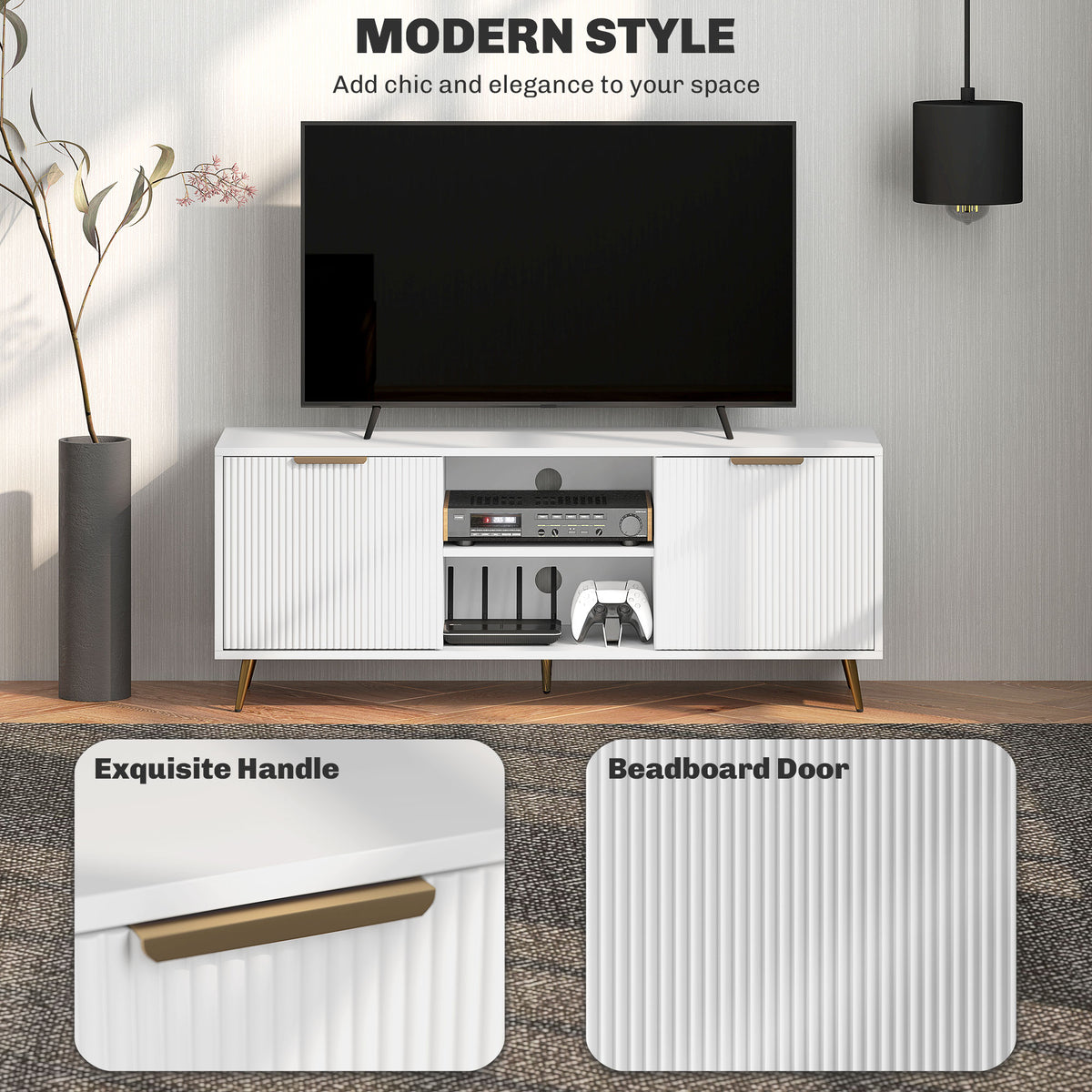 Beadboard TV Stand with 2 Cabinets and Open Shelves - White