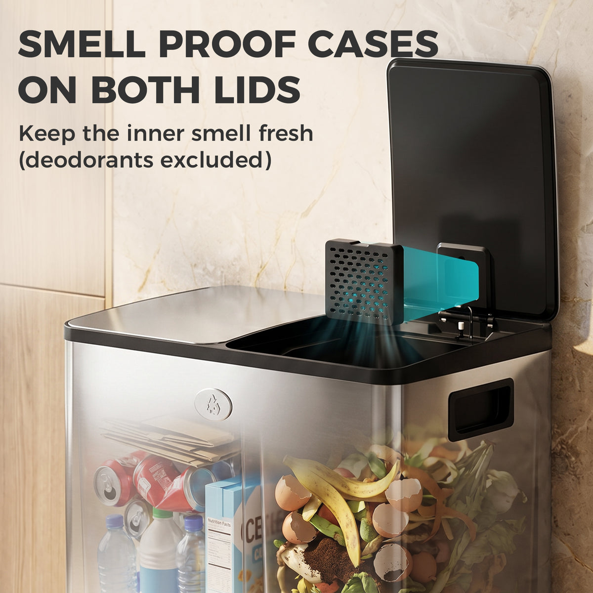Dual Compartment Recycling Bin with Deodoriser Holders - Silver