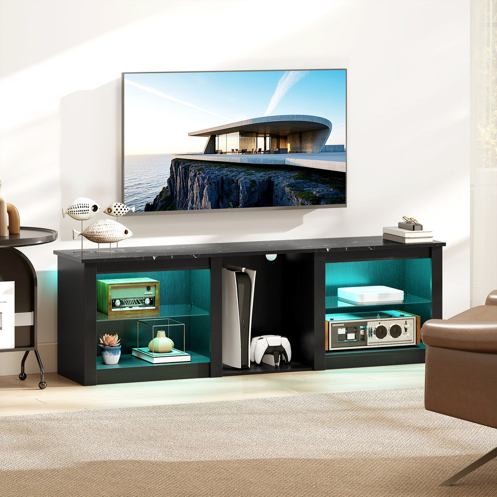 Black TV Stand with RGB LED Lights and Glass Shelves