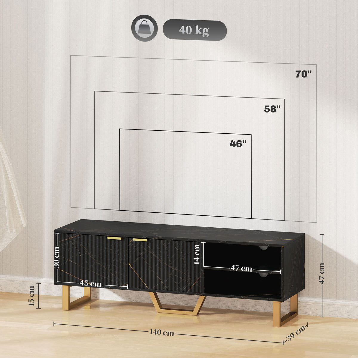 Marble Effect TV Unit with Fluted Cabinet Doors - Black