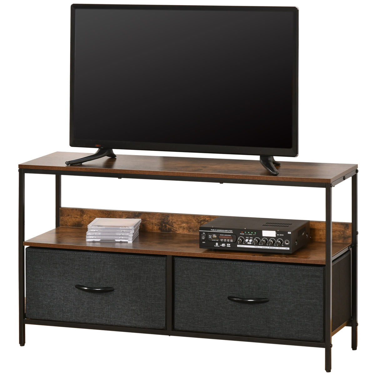 Rustic Brown and Black TV Cabinet with Foldable Linen Drawers